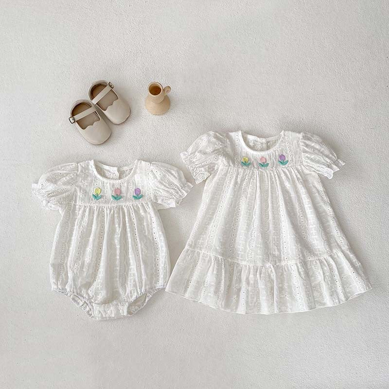 Summer Baby Girls Flowers Embroidery Pattern Hollow Out Short Sleeves Onesies