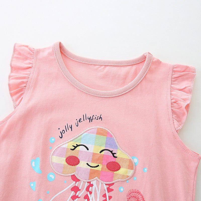 Summer Baby Kids Cartoon Jellyfish Pattern Vest and Plaid Shorts Clothing Set for Girls-2