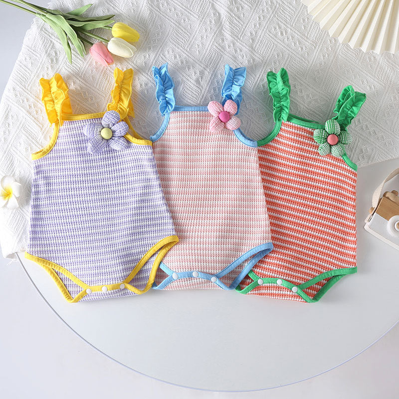 Baby Girl Striped Pattern Floral Patched Design Sling Onesies